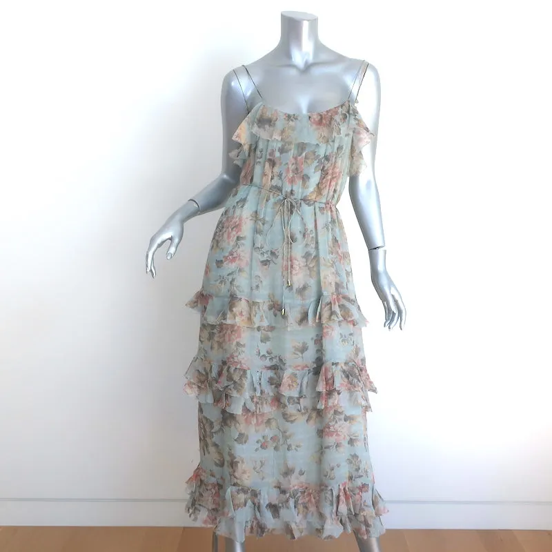 Zimmermann Tempest Frolic Ruffled Midi Dress Blue Floral Print Silk Size 1